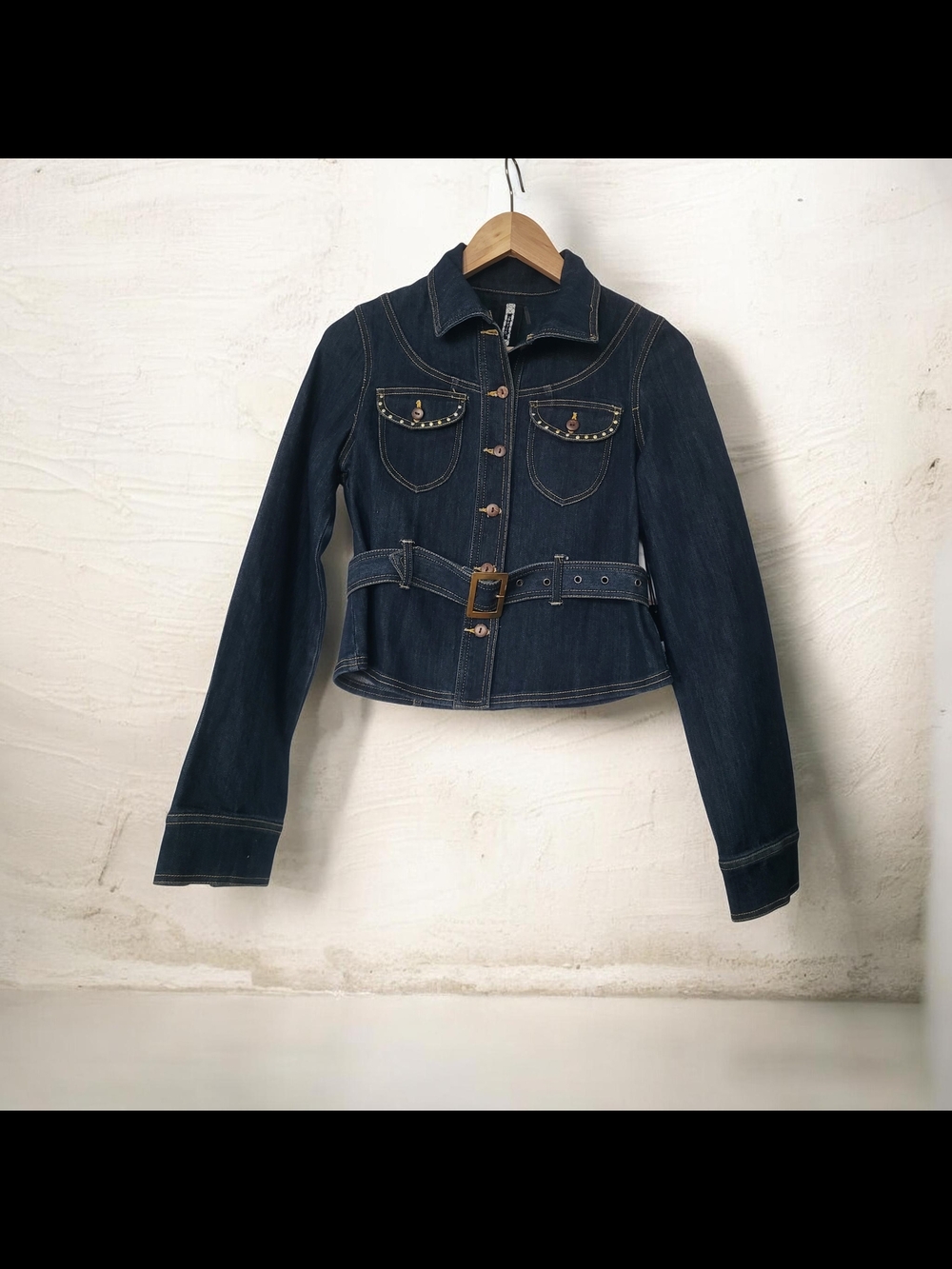 leshop Dark Blue Denim Belted Jean Jacket
